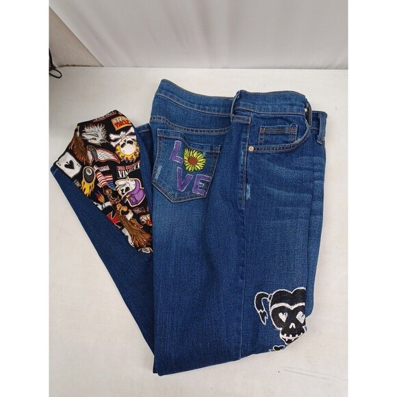 Old Navy Motorcycle Patches Skulls Lips Jeans Sturgis Daytona Lone Wolf Sz 6 - Picture 5 of 10